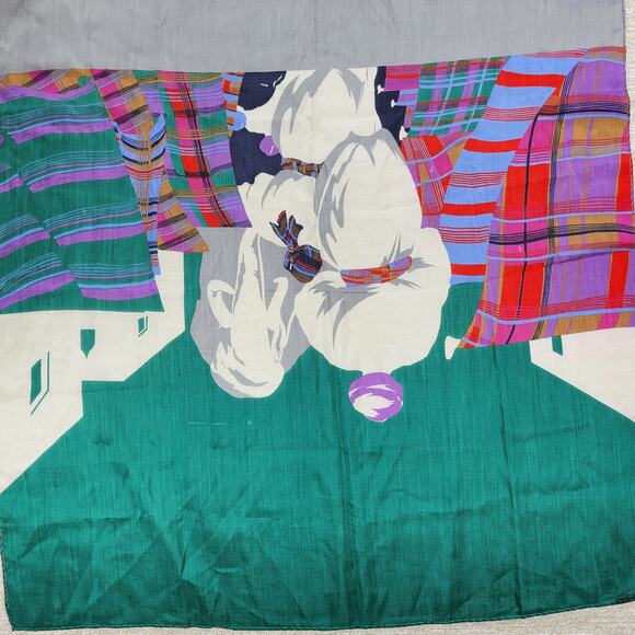 VTG Daniel Hechter Silk Scarf 30" Square Green Plaid Elephant Hand Rolled - Picture 14 of 16